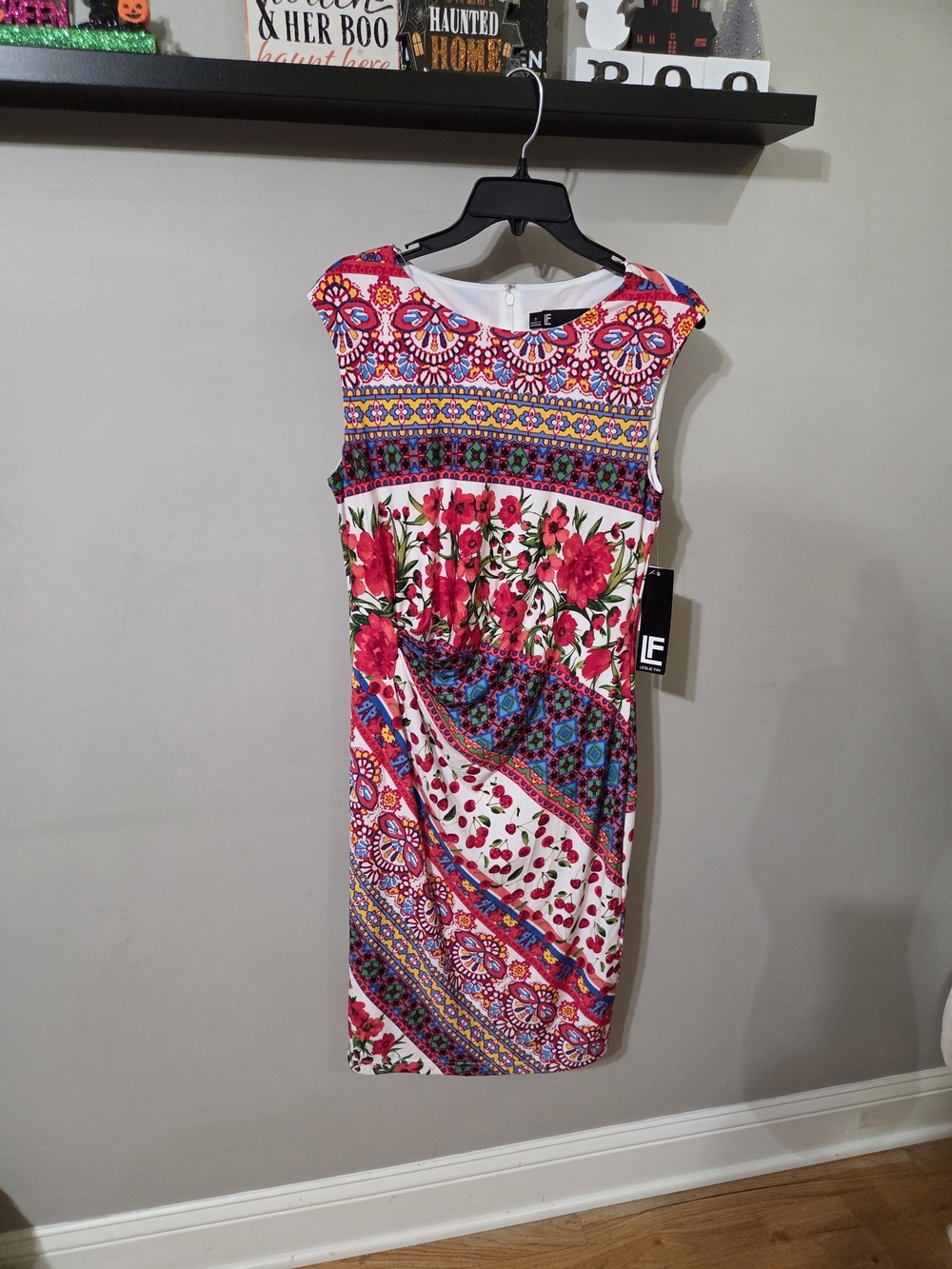 Leslie Fay White Sheath Dress with Pink & Blue Floral Print